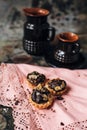 Tartlets with chocolate filling sprinkled with almonds Royalty Free Stock Photo