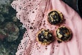 Tartlets with chocolate filling sprinkled with almonds Royalty Free Stock Photo