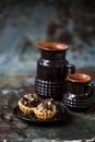 Tartlets with chocolate filling sprinkled with almonds Royalty Free Stock Photo