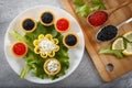 Tartlets filled with red and black caviar and cheese and dill salad on white plate against rustic wooden background Royalty Free Stock Photo