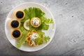 Tartlets filled with red and black caviar and cheese and dill salad on white plate against silver wooden background Royalty Free Stock Photo