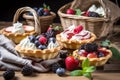 Tartlets with fresh berries and whipped cream on a wooden table. Generative AI Royalty Free Stock Photo