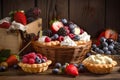 Tartlets with fresh berries and whipped cream on a wooden table. Generative AI Royalty Free Stock Photo