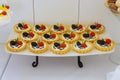 Tartlets mini dessert with fruits on stand Royalty Free Stock Photo