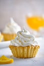Tartlets with orange jam and protein cream decorated with orange zest on a white plate Royalty Free Stock Photo