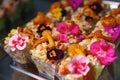 tartlets with pate and salad garnished with flowers. Delicious appetizers.