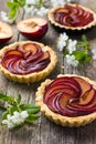 Tartlets with plum on wooden background