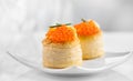 Tartlets with red caviar close up. Gourmet food close up, appetizer. Close-up salmon caviar. Delicatessen Royalty Free Stock Photo