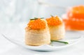 Tartlets with red caviar close up. Gourmet food close up, appetizer. Close-up salmon caviar. Delicatessen