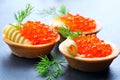 Tartlets with salmon caviar closeup