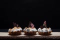 Tartlets with white cream and chocolate on the board on a dark b Royalty Free Stock Photo
