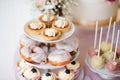 Tarts, cream puffs, cupcakes on cakestand. Cake pops. Royalty Free Stock Photo