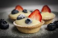 Tarts with custard, fresh berries and powdered sugar. Dessert Tartlets Royalty Free Stock Photo