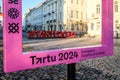 Tartu, Estonia - October 21, 2023: Town hall square is main square in Tartu, Estonia. Logo of European Capital of