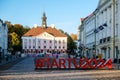 Tartu, Estonia - October 21, 2023: Town hall square is main square in Tartu, Estonia. Logo of European Capital of