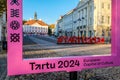 Tartu, Estonia - October 21, 2023: Town hall square is main square in Tartu, Estonia. Logo of European Capital of