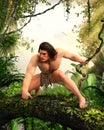 Tarzan, apeman swinging through rainforest jungle