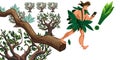 Tarzan distracted smartphone walking off tree-branch vector graphics illustration.