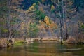 Tashiro pond surrounded by woods mountains, late autumn season in Kamikochi ,Japan Royalty Free Stock Photo