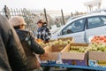 Tashkent, Uzbekistan. December 2020. Buyers and sellers at Chorsu Market in winter