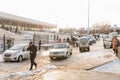 Tashkent, Uzbekistan. December 2020. People and cars at Chorsu market in winter