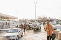 Tashkent, Uzbekistan. December 2020. People and cars at Chorsu market in winter