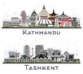 Tashkent Uzbekistan and Kathmandu Nepal City Skyline set with Color Buildings Isolated on White. Cityscape with Landmarks.