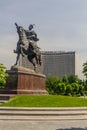 TASHKENT, UZBEKISTAN - MAY 3, 2018: Hotel Uzbekistan and Tamerlane Timur statue on the Skver Im. Amira Temura square in