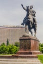 TASHKENT, UZBEKISTAN - MAY 3, 2018: Hotel Uzbekistan and Tamerlane (Timur) statue on the Skver Im. Amira Temura square