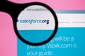 Tashkent, Uzbekistan, May 15, 2020: Photo of Salesforce website homepage on a monitor screen through a magnifying glass. Royalty Free Stock Photo