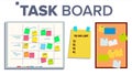 Task Board Set Vector. Sticker Notes. Scrum. Tasks For Team Work. Progress White Board. Isolated Illustration