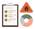 Task Checklist, Bug Warning, and Data Analysis Pie Chart in Flat Style Royalty Free Stock Photo