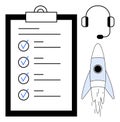 Task checklist, customer support headset, and launching rocket representing productivity and innovation Royalty Free Stock Photo