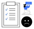 Task Checklist with Developer Debugging Code and Sad Face Icon for Workflow Challenges Royalty Free Stock Photo