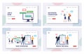 Task Completed Landing Page Template Set. Characters Triumphing with Raised Hands and Scattered Papers on Workplace