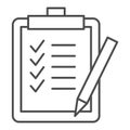 Task list thin line icon. Clipboard with checklist paper and pen symbol, outline style pictogram on white background Royalty Free Stock Photo