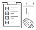 Task management with checklist, currency coin, and laptop for planning and productivity solutions Royalty Free Stock Photo
