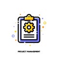 Task management checklist icon with clipboard and gear for project plan or efficient work concept. Flat filled outline style