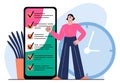 Task management concept. Woman check checklist phone app Royalty Free Stock Photo