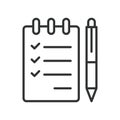 Task notepad icon in line design. task, notepad, checklist, pen, writing, document, planning on white background vector. Task Royalty Free Stock Photo