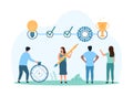 Task organization with timeline chart, tiny people with pencil and timer mark milestones