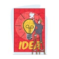 Task Solution and Problem Solving Concept. Business Man Character Assemble Huge Puzzle Pieces with Light Bulb and Idea