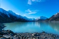 Tasman glacier and lake with turquoise blue water and mountains Royalty Free Stock Photo