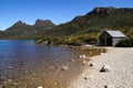 Tasmania`s Cradle Mountain with Dove Lake and historic boat shed Royalty Free Stock Photo
