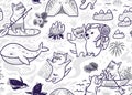 Ink seamless pattern with cute Tasmanian devil and other australian animals in cartoon style. Vector illustration