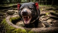 Tasmanian Devil Roaring Aggressively with Sharp Teeth and a Curious Lizard in Australia Forest. Royalty Free Stock Photo