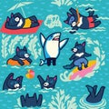 Tasmanian devils swim, sunbathe, dive, play ball and surf. Vector background