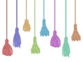 Tassel trim. Fabric curtain tassels, fringe bunch on rope and pillow colorful embelishments isolated vector set Royalty Free Stock Photo