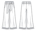 Tassel Trim Pants technical fashion illustration. Wide Leg Pants fashion flat technical drawing template, belt, pockets