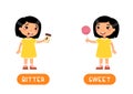 Taste concept, BITTER and SWEET. Educational word card with opposites vector template. Foreign language flash card with cute asian Royalty Free Stock Photo